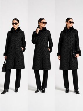 Novelti for Laura Black Brocade Faux Fur Coat Size 14 Y2K Vintage Style